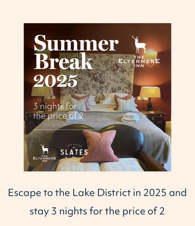 New Offer Alert! For more details visit our website. To book email info@eltermere.co.uk or call 01539437207

#deal #dealoftheday #offer #sale #summerdeal #hoteldeal #hoteluk #hotellife #booking #secretescspe #cumbria #cumbrialife #cumbriawalking #lakedistricthotel #lakedistrictsummer #langdale #langdalevalley #wheelwrightscottages #elterwater #cosy #tranquility #unesco #petfriendly #bar #diningroom #restaurant #dinner #ambleside #hiking #walking